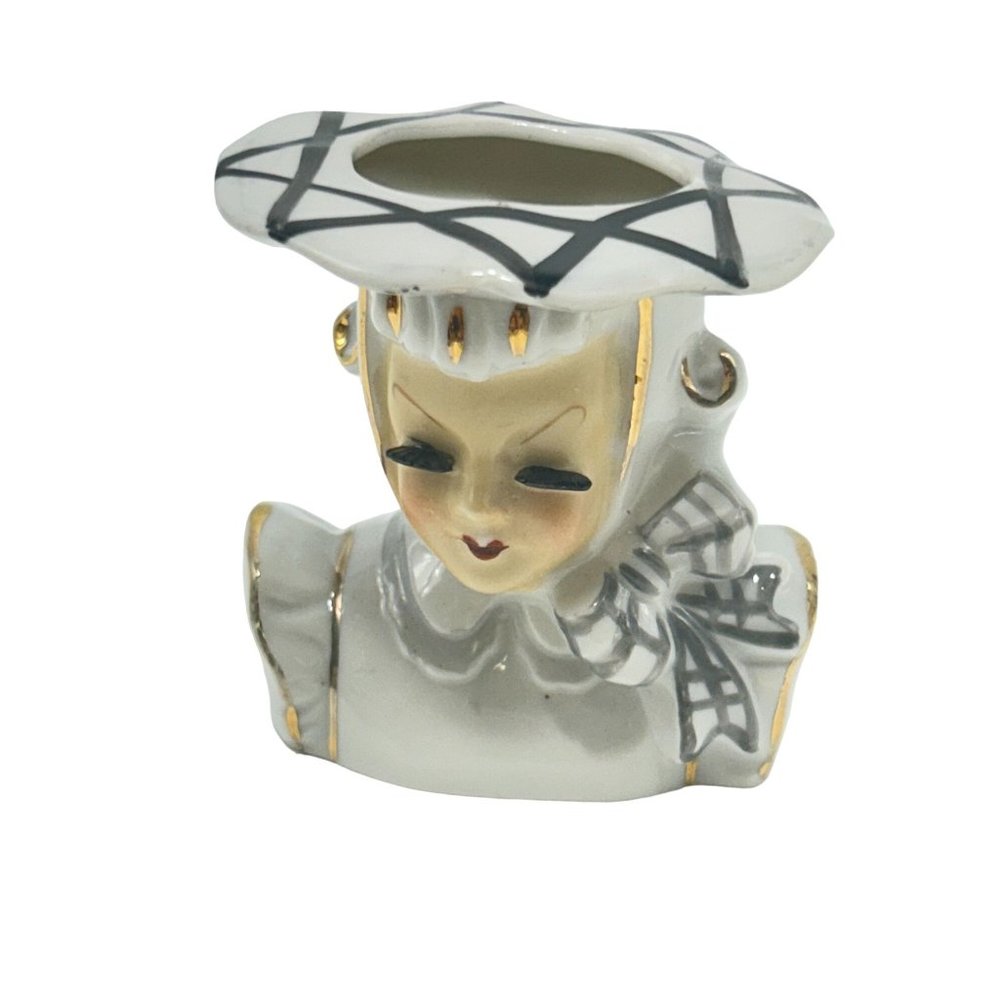 Woman Lady Head Vase Miniature Vintage White Ceramic Lady w Hat & Long Eyelashes